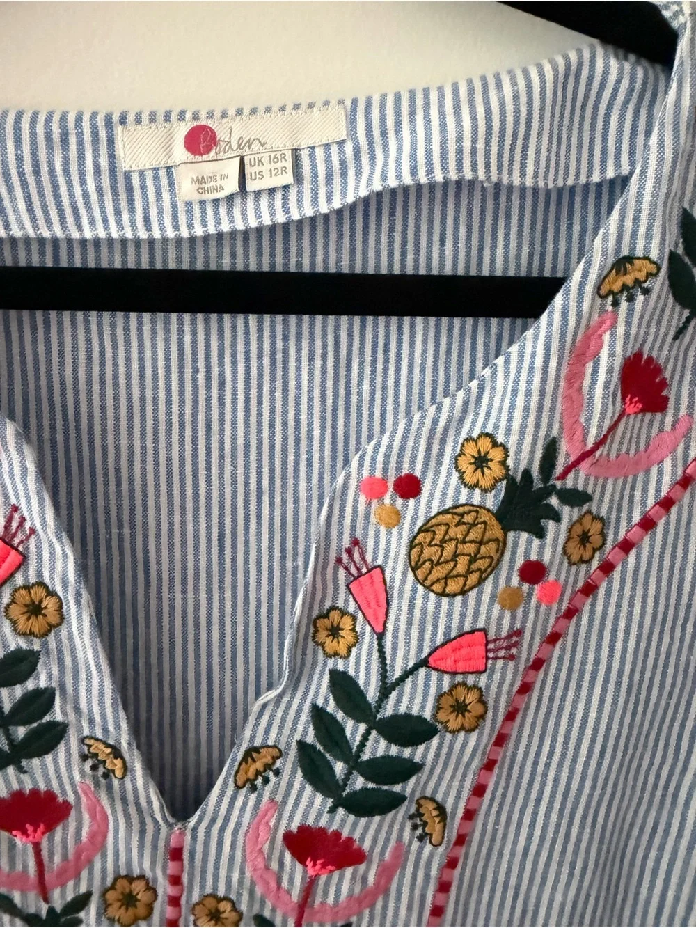 Boden Linen Blend Embroidered Striped Shift Dress Blue White Floral | US 12R - Picture 5 of 5